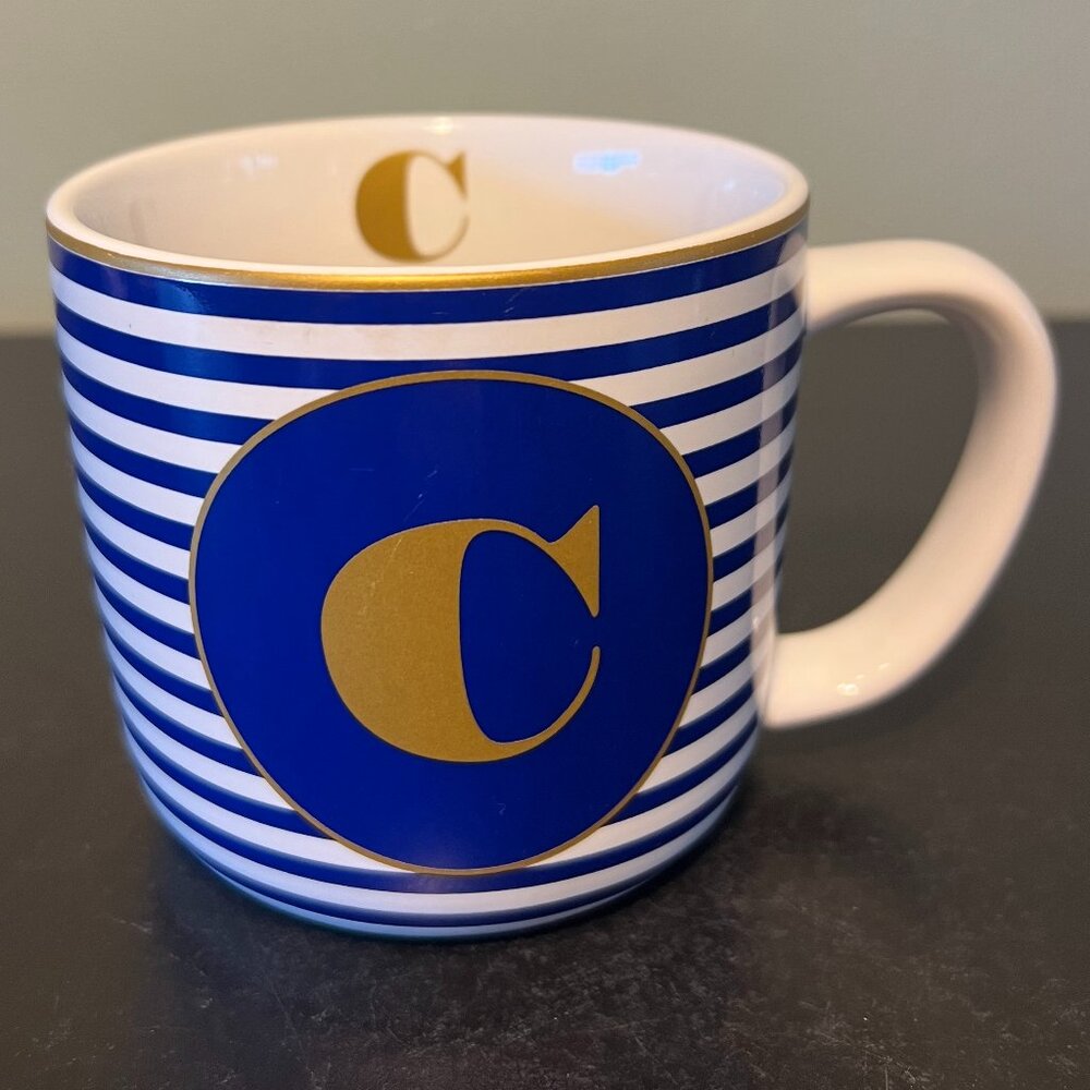 Target Monogram Letter C Initial Blue White Striped Stoneware Coffee Mug Tea